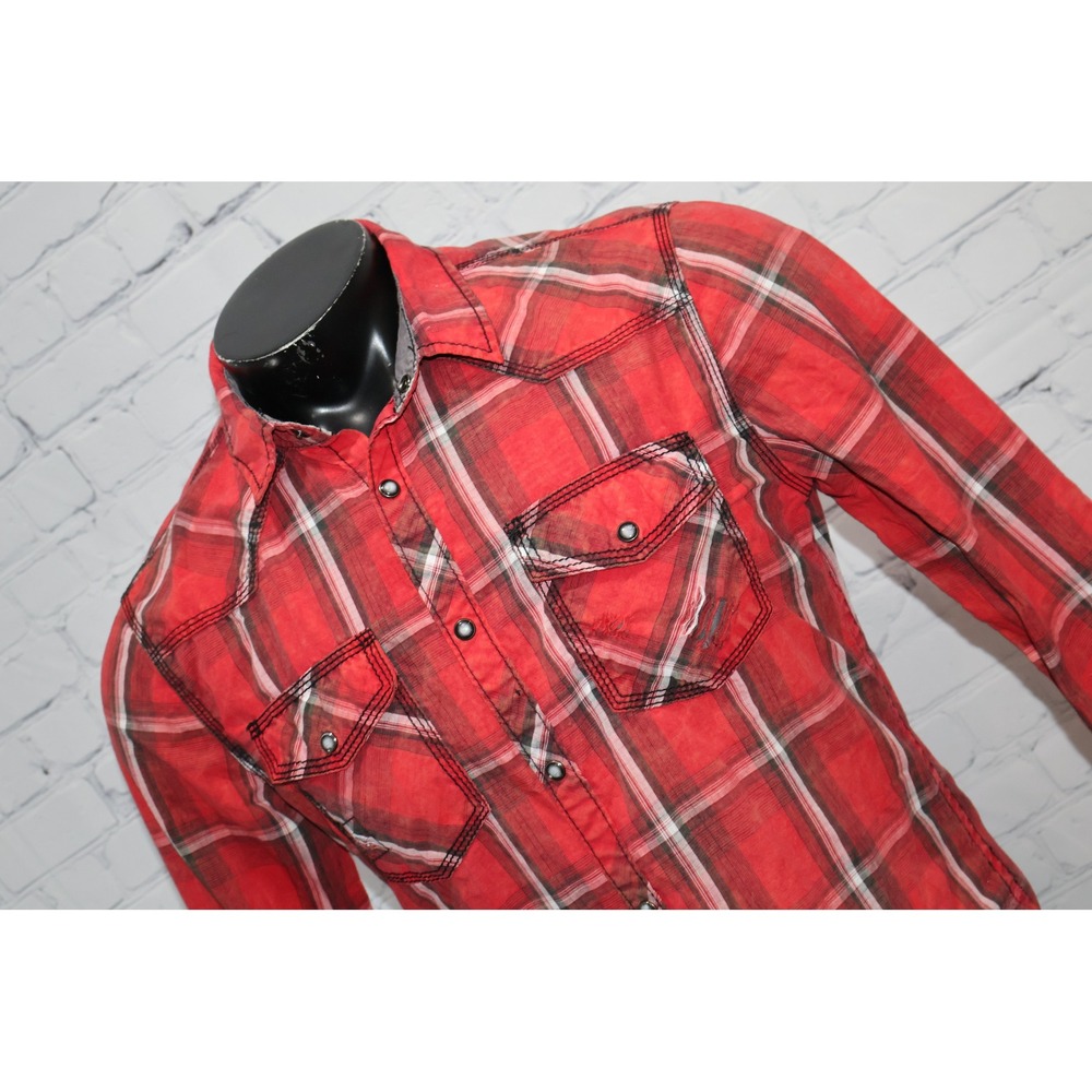 Buckle BKE Western Shirt Mens Medium Red Plaid Snap Front Tailored Fit Cowboy